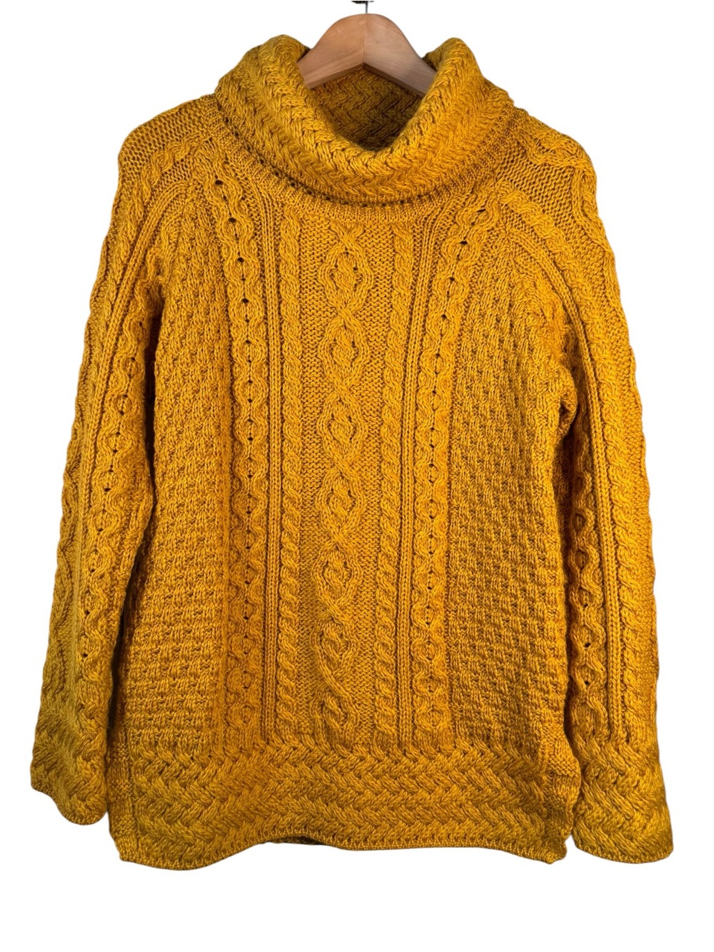 Aran Woollen Mills Cable Knit Cowl Neck Sweater Small Merino Wool Mustard Gold
